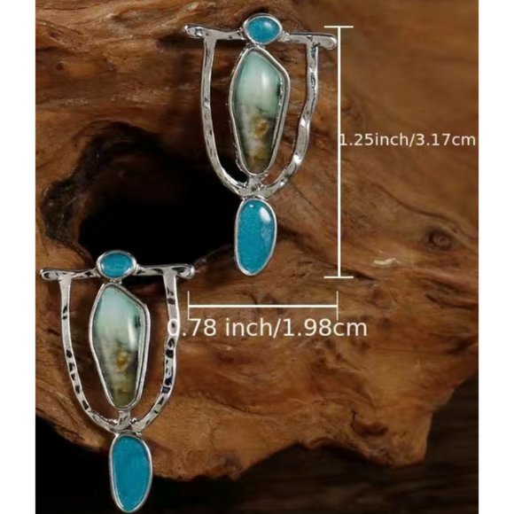 "Kiowa Tribal" Aqua Green Stone Dangle Earrings - Picture 2 of 3